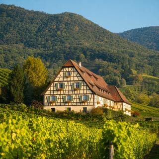 Ferme viticole alsacienne à colombages au milieu des vignes
