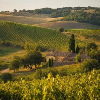 Collines douces du Sud-Ouest, vignes et bâtisse de pierre