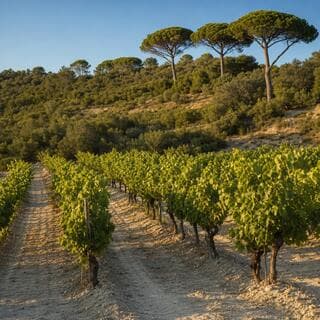 Rangs de vignes sur sol sableux clair, pins parasols, Provence