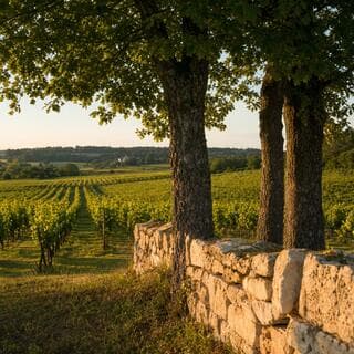 Trois chênes au-dessus des rangs de vignes, vallée de la Loire